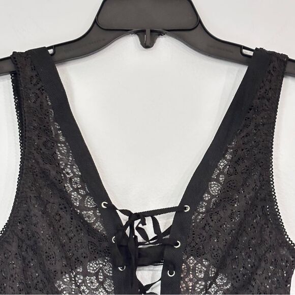 Victorias Secret | Dream Angels Sheer Black Lace Up Thong Teddy Bodysuit Medium - Picture 4 of 16